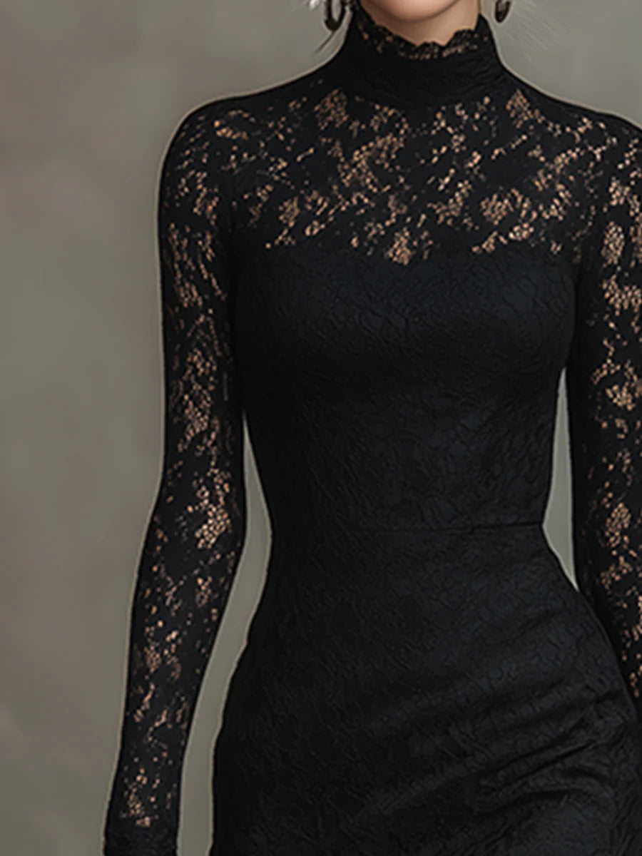 Elegante Zwarte Stretchy Kant Fishtail Maxi Jurk - Elegante Zwarte Stretchy Kant Fishtail Maxi Jurk