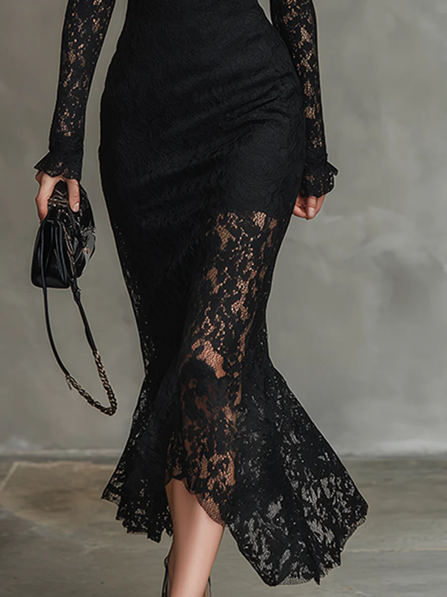 Elegante Zwarte Stretchy Kant Fishtail Maxi Jurk - Elegante Zwarte Stretchy Kant Fishtail Maxi Jurk