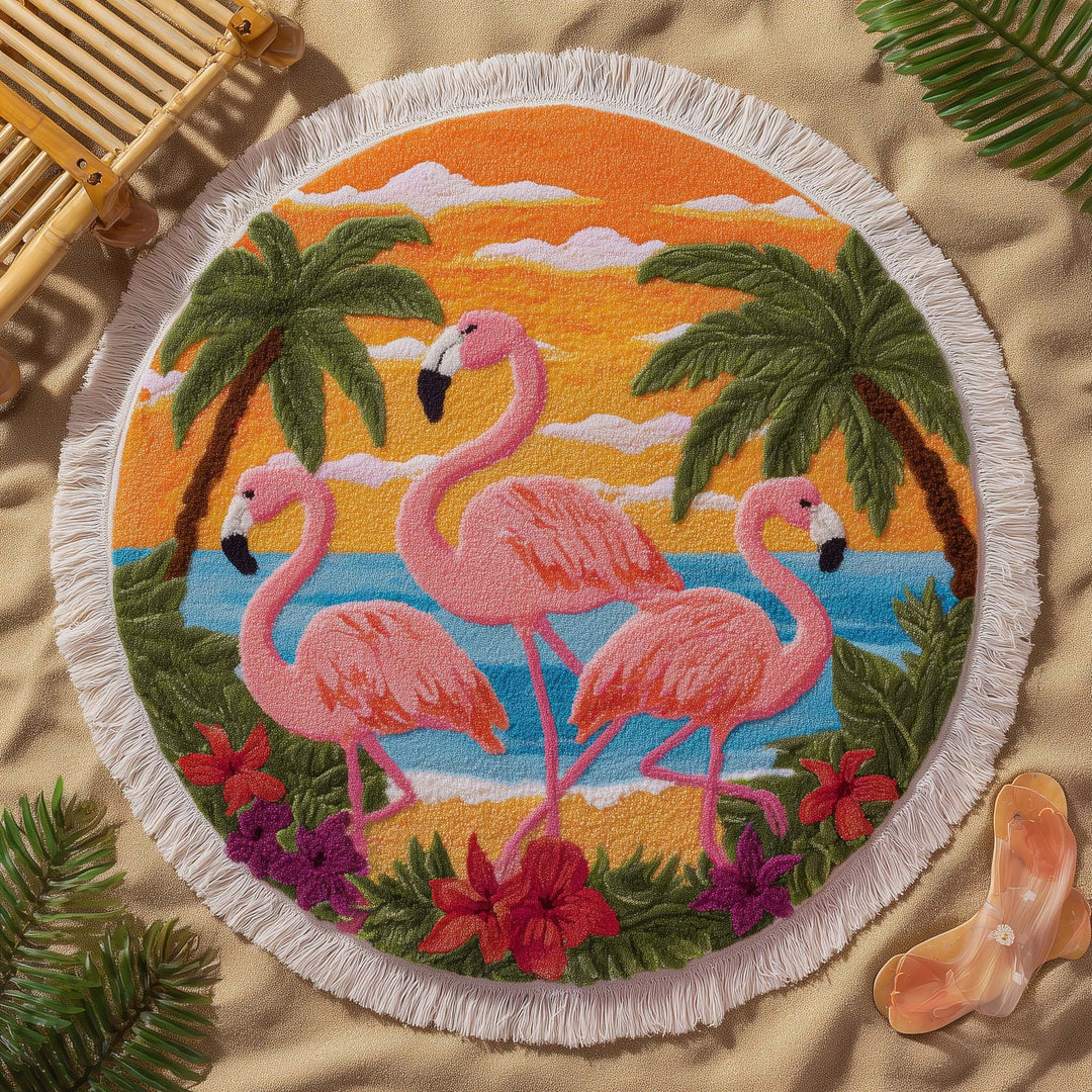 Ronde Strandhanddoek Flamingo Trio Zonsondergang