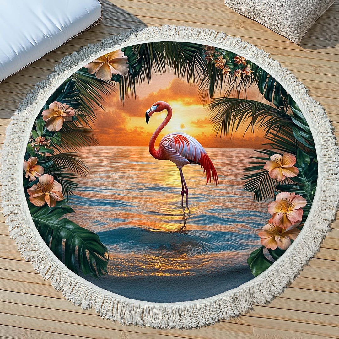 Ronde Strandhanddoek Flamingo bij Zonsondergang