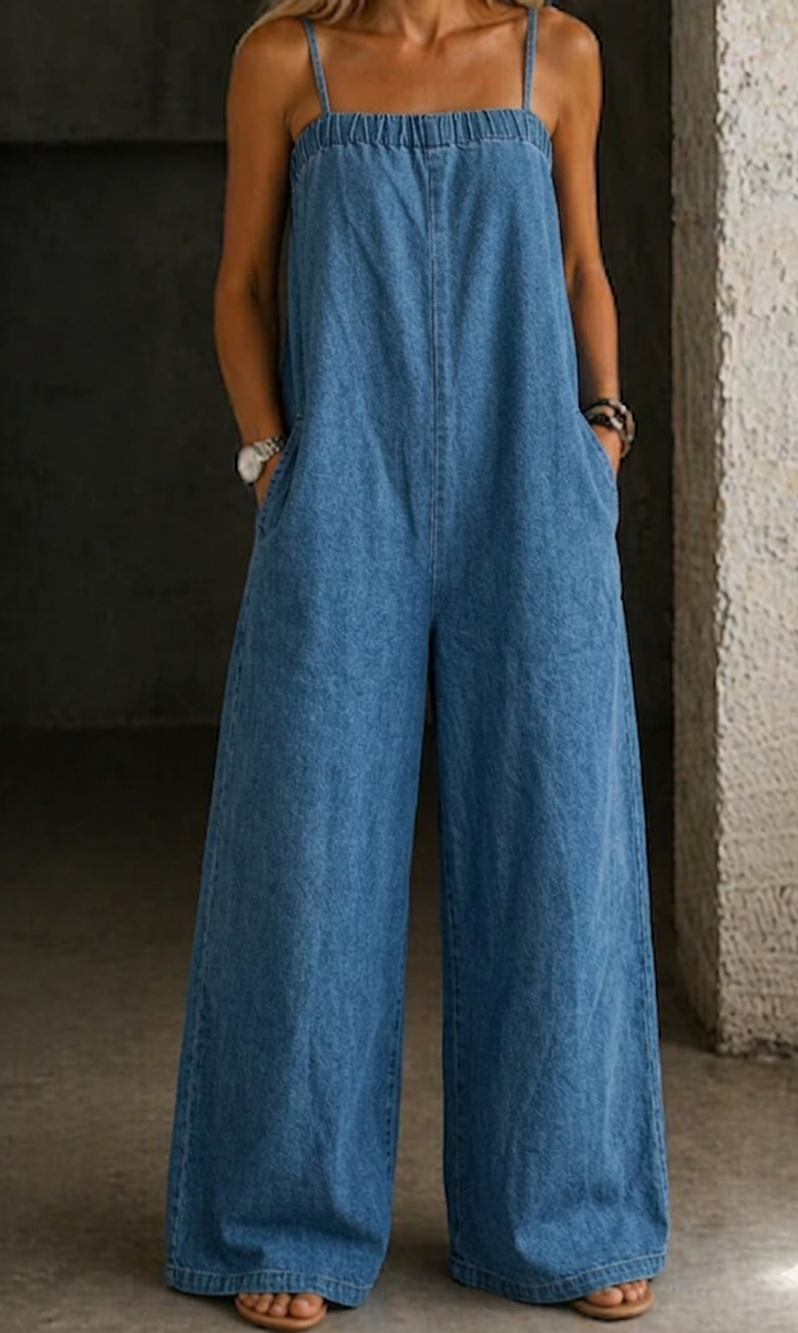 Madison - Jumpsuit Van Denim Met Wijde Pijpen