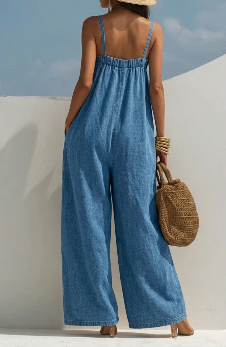Madison - Jumpsuit Van Denim Met Wijde Pijpen