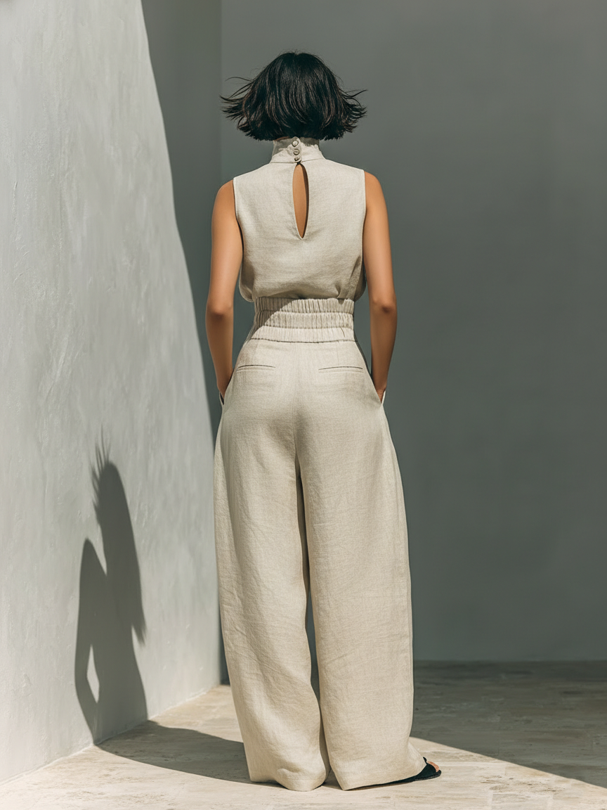 Maria - Minimalistische set met tanktop en wijde katoen-linnen broek voor dames