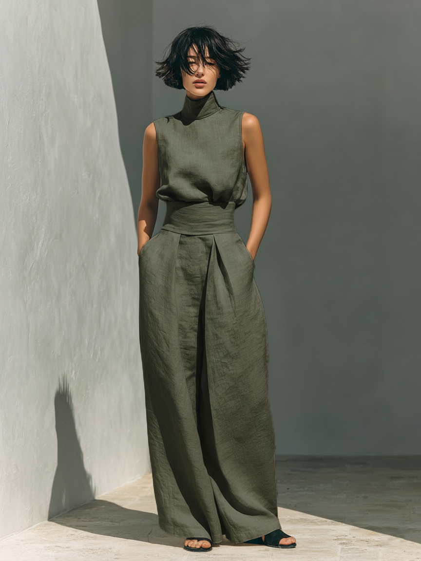 Maria - Minimalistische set met tanktop en wijde katoen-linnen broek voor dames