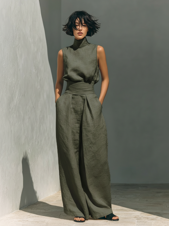 Maria - Minimalistische set met tanktop en wijde katoen-linnen broek voor dames
