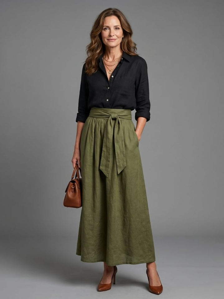 Vera - Twee-delige set Zwarte Blouse Olijfgroene Midi Rok