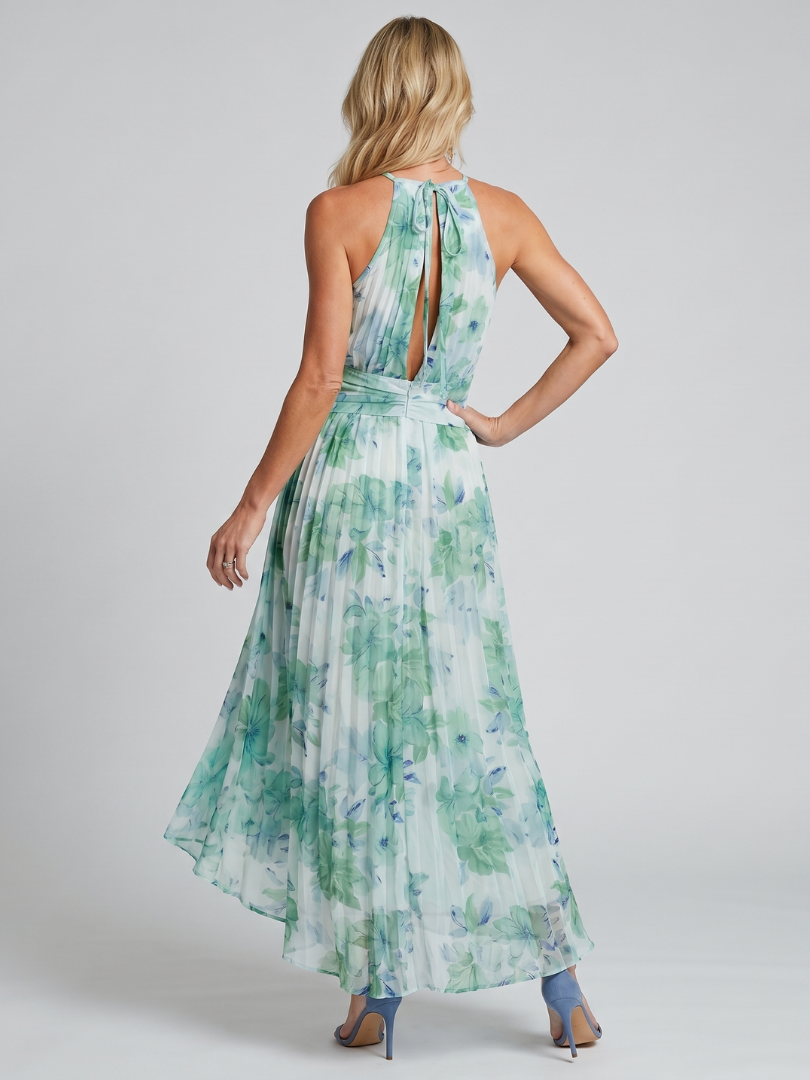 Portia - Geplooide Halter Soft Bloemenpatroon Midi Jurk