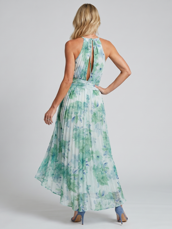Portia - Geplooide Halter Soft Bloemenpatroon Midi Jurk