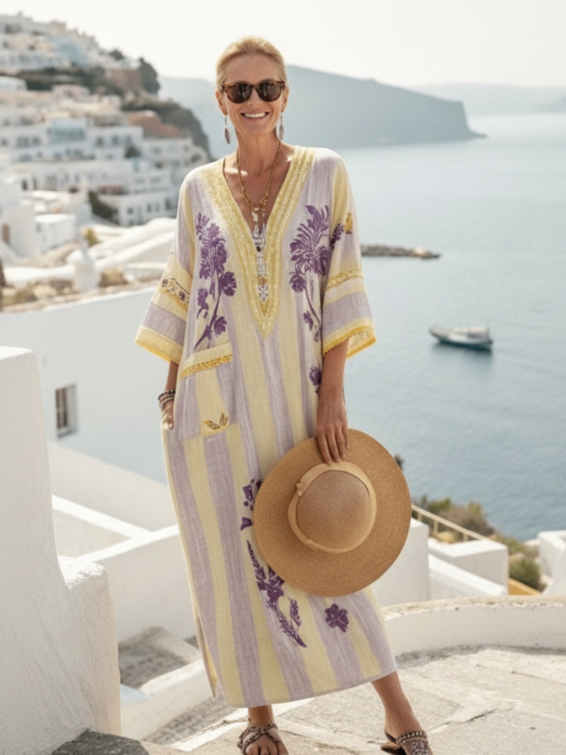 Aurelia - V-hals Halve Mouw Gestreepte Bloemen Maxi Jurk