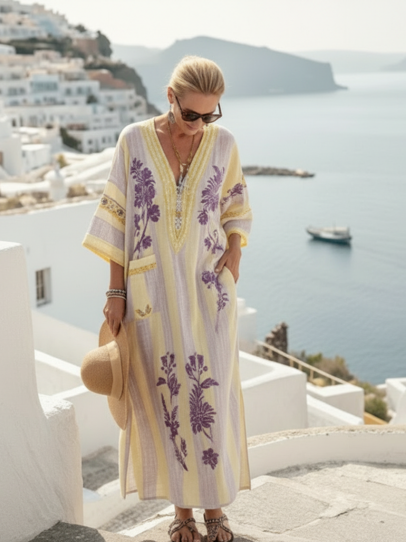Aurelia - V-hals Halve Mouw Gestreepte Bloemen Maxi Jurk