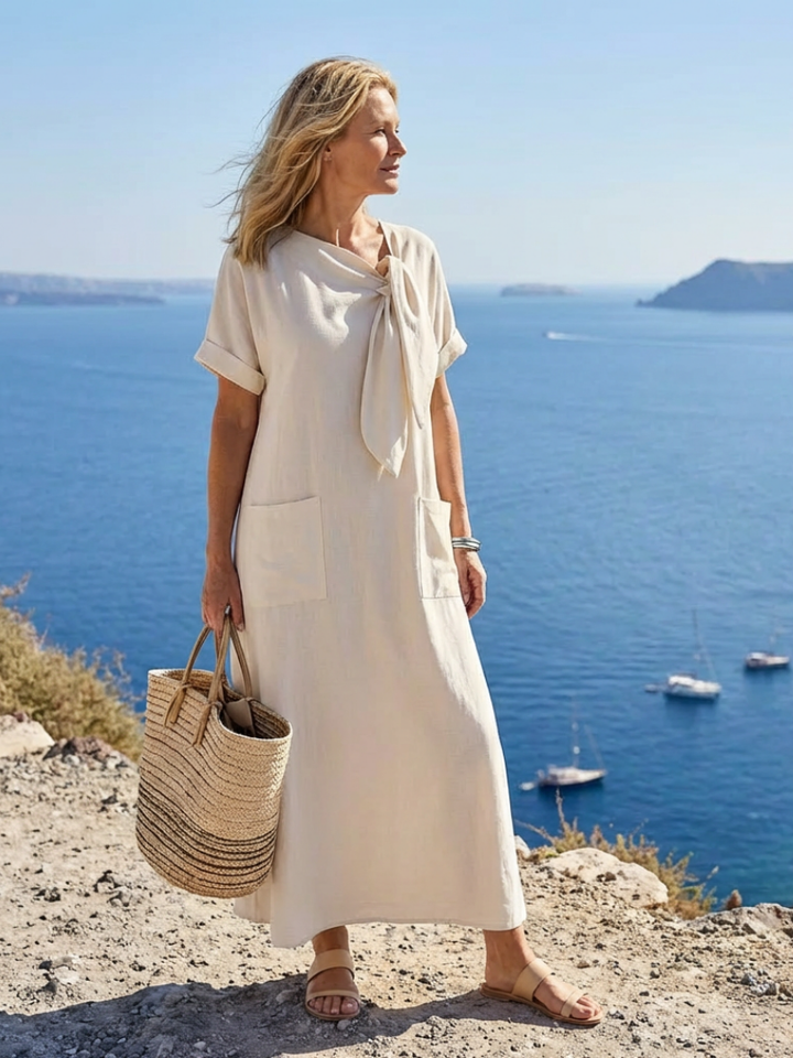 Elowyn - Ronde Hals Korte Mouw Pocket Maxi Jurk