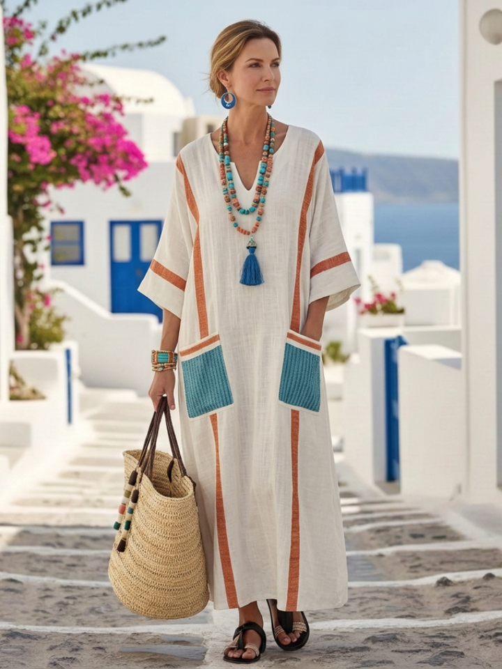 Noemi - V-hals Maxi-jurk met Halve Mouwen en Zak