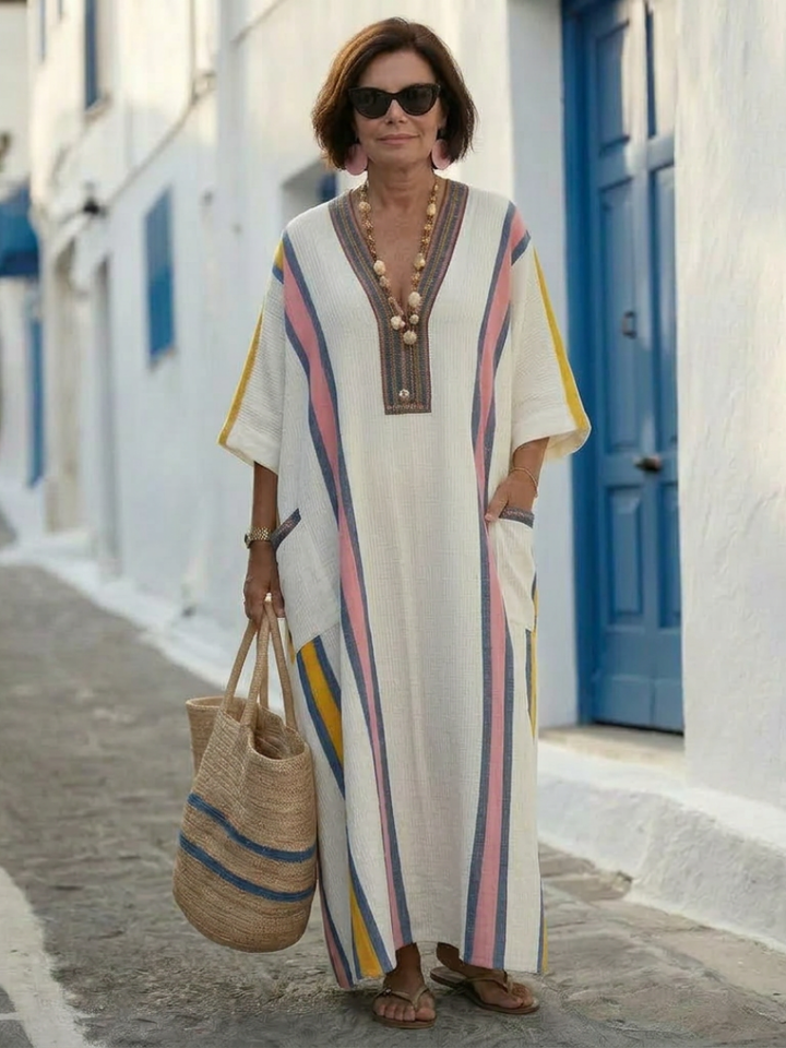 Noemi - V-hals Maxi-jurk met Halve Mouwen en Zak