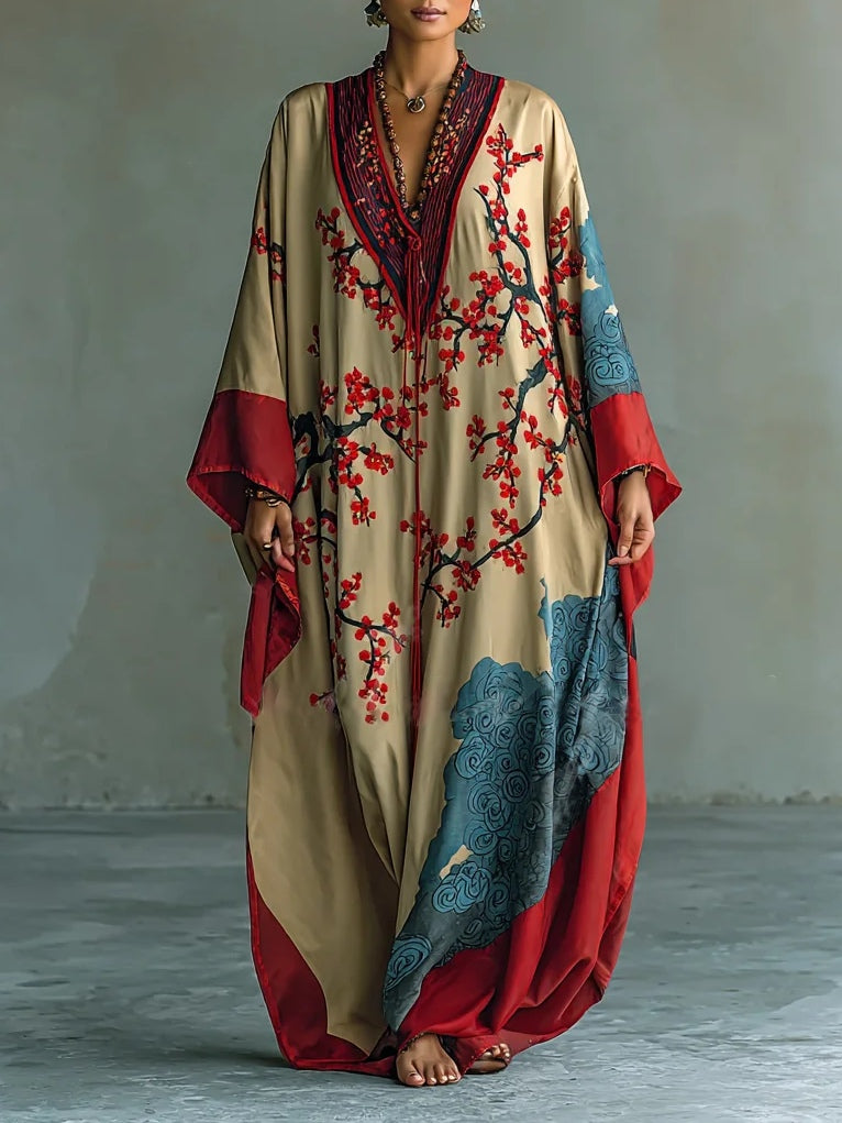 Japanse Rode Prunusblossom Maxi Jurk - Vleermuismouwen en Print