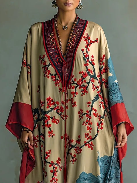 Japanse Rode Prunusblossom Maxi Jurk - Vleermuismouwen en Print