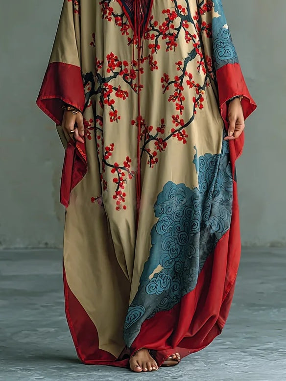 Japanse Rode Prunusblossom Maxi Jurk - Vleermuismouwen en Print