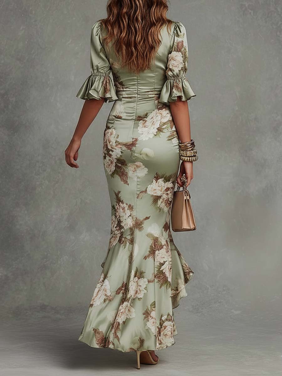 Anna - Lange Satijnen Jurk met Bloemenprint