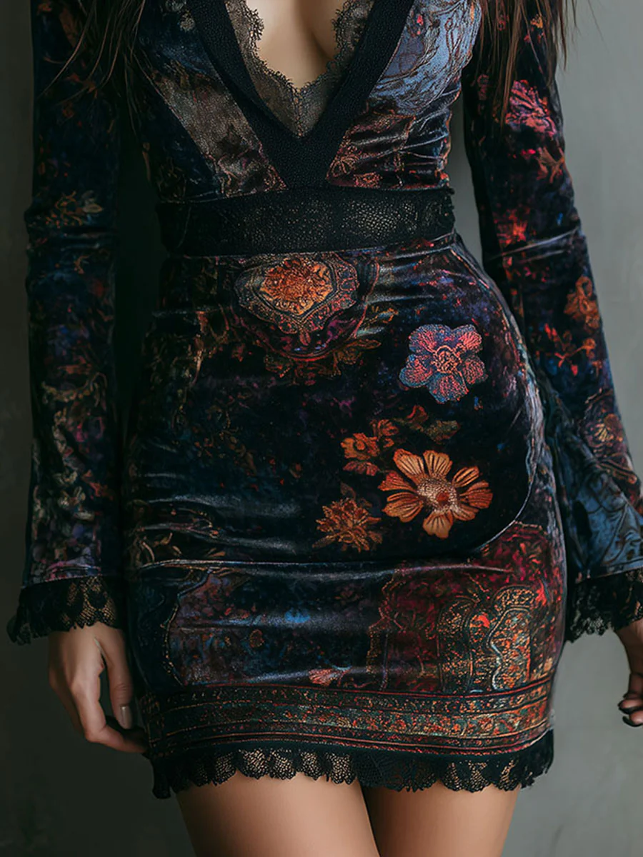 Floral Print V-Hals Fluwelen Mini Jurk Met Kantafwerking - Floral Print V-Neck Velvet Mini Dress with Lace Trim