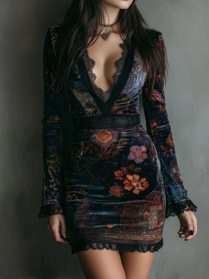 GEMMA - MINI JURK IN VELVET MET DIEPE DECOLLETE