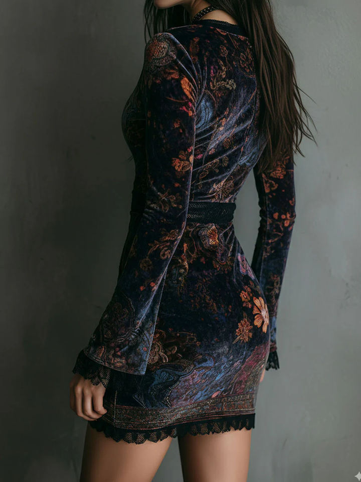 Floral Print V-Hals Fluwelen Mini Jurk Met Kantafwerking - Floral Print V-Neck Velvet Mini Dress with Lace Trim