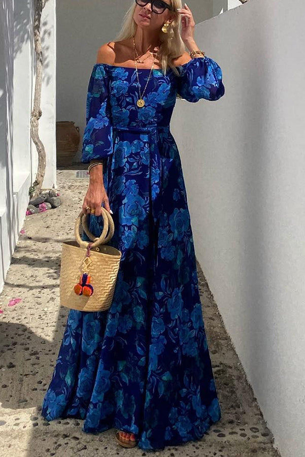 Francesca - Lange Jurk met Bloemmotief en Off The Shoulder Mouwen