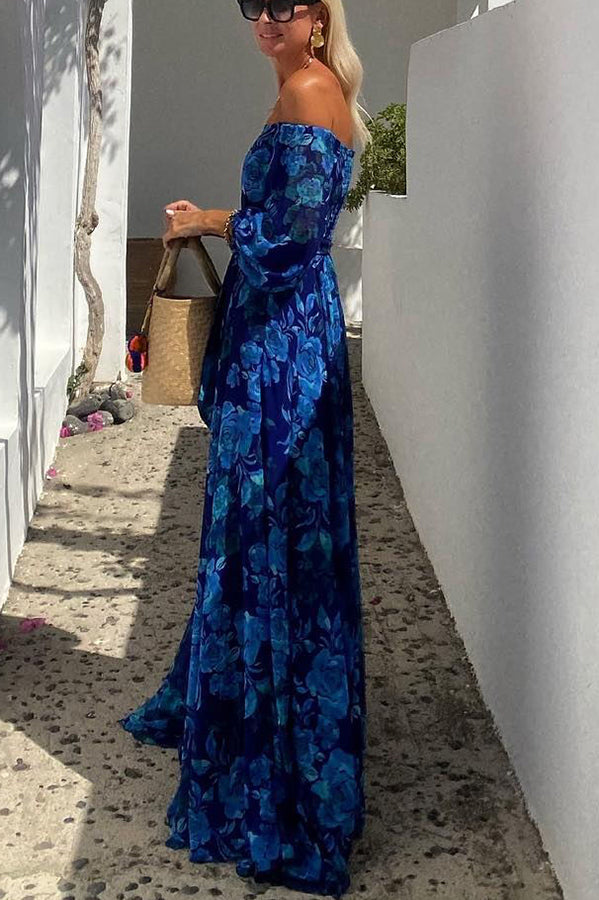 Francesca - Lange Jurk met Bloemmotief en Off The Shoulder Mouwen