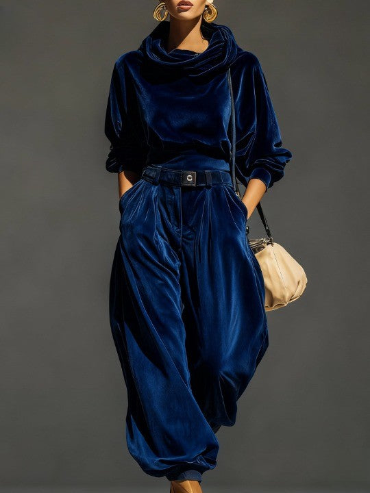 Vintage Bruine Fluwelen Hoodie en Losse Broek Set Inclusief Riem
