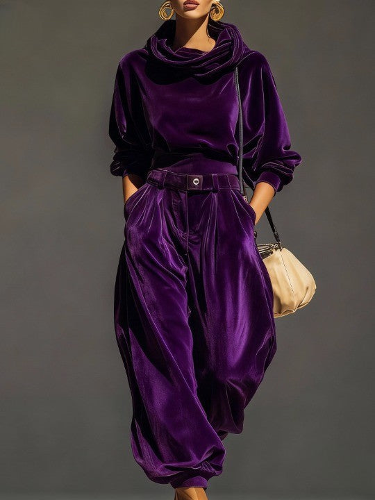Vintage Bruine Fluwelen Hoodie en Losse Broek Set Inclusief Riem