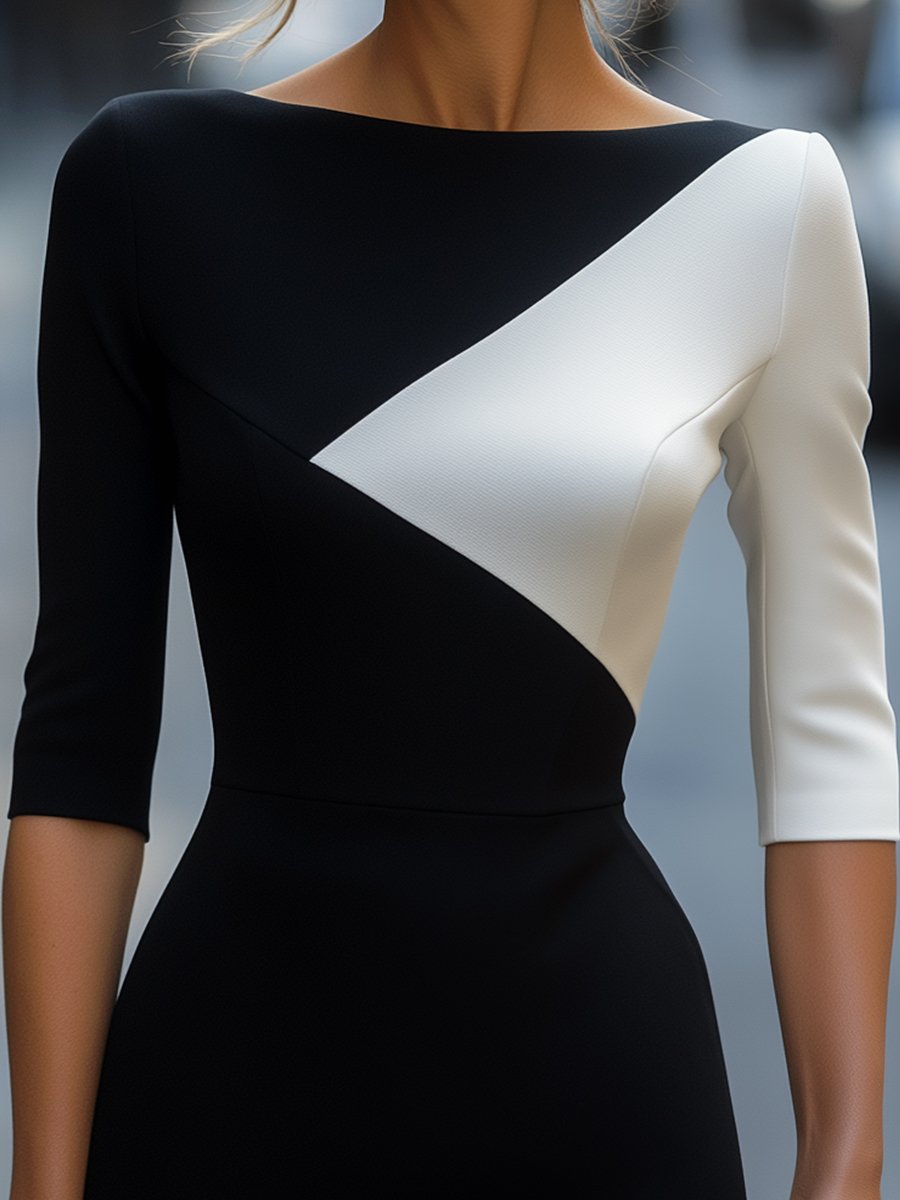 OLIVE - BICOLORE ELEGANTE JURK MET ASYMMETRISCHE SNIT