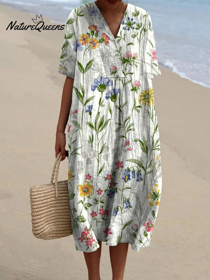 Vrouwen - Vintage Bloemen Casual Vloeiende Jurk