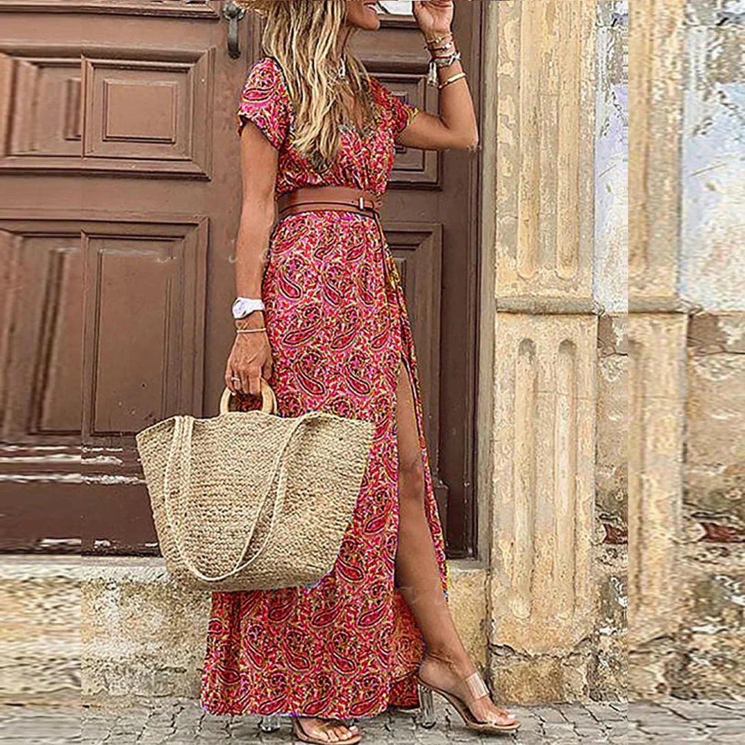 JADE - LANGE BOHEMIAAN KLEED MET GEROEPTE TAILLE