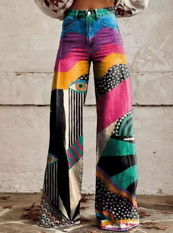 TALIA - Boho Flared Broek met Hoge Taille en Artistieke Festivallook